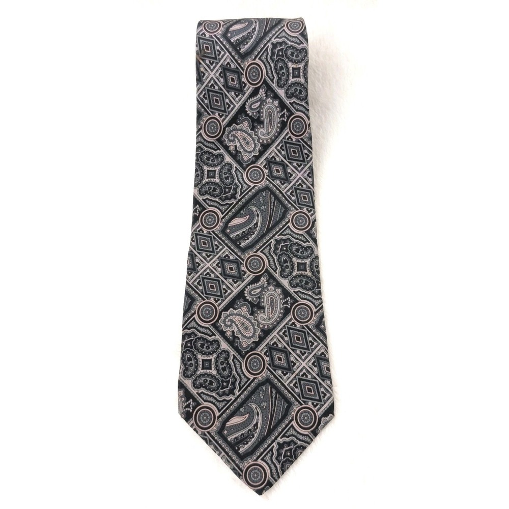 Mario Valentino‎ Silk Tie Black Gray Paisley Geometric Pattern Classic VTG